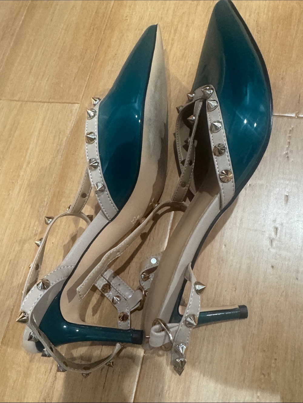 Studded Pointed Toe heels in Teal and Nude - Picture 2 of 3